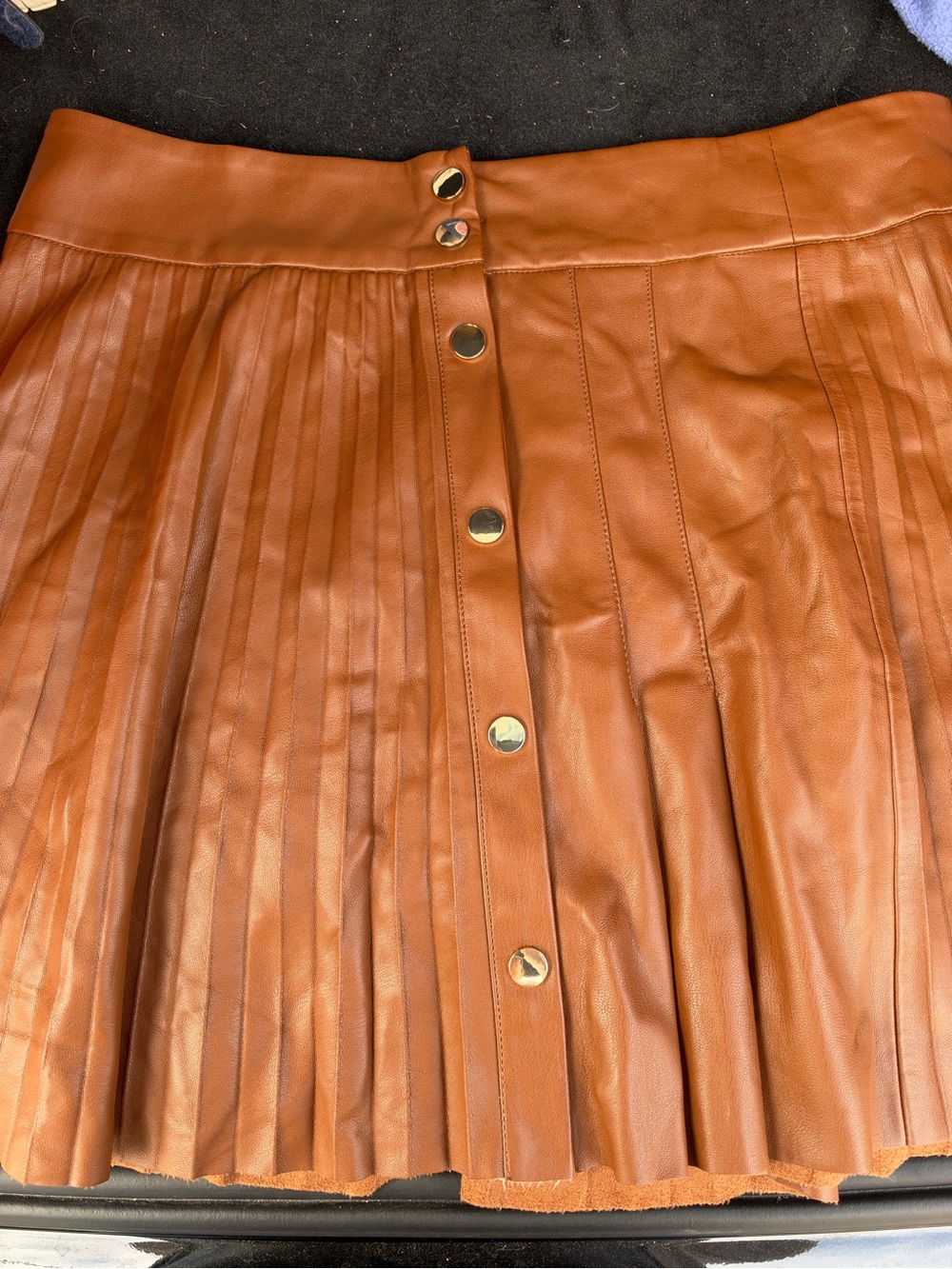 Zara Tan Pleated Faux Leather Midi Skirt with Snap Buttons Down